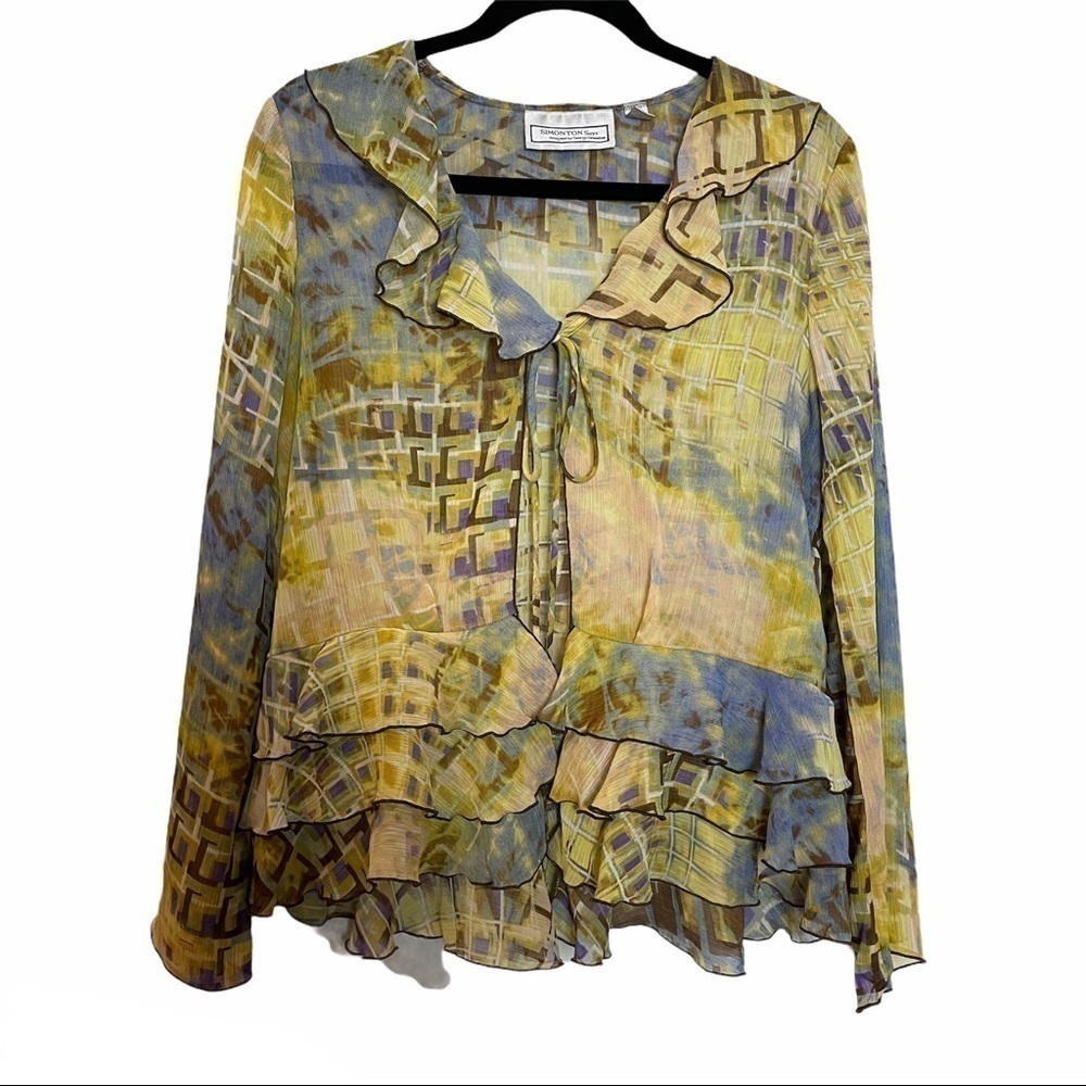 Simonton Says Watercolor Design Sheer Open Front Single Tie Front Cardigan